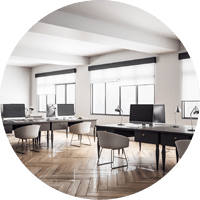 Contemporary coworking office interior with wooden floor and windows with daylight. Workplace and design concept. 3D Rendering